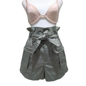 Zara Sage Green Satin High Waisted Paperbag Tie Belt Cargo Shorts Utility Small